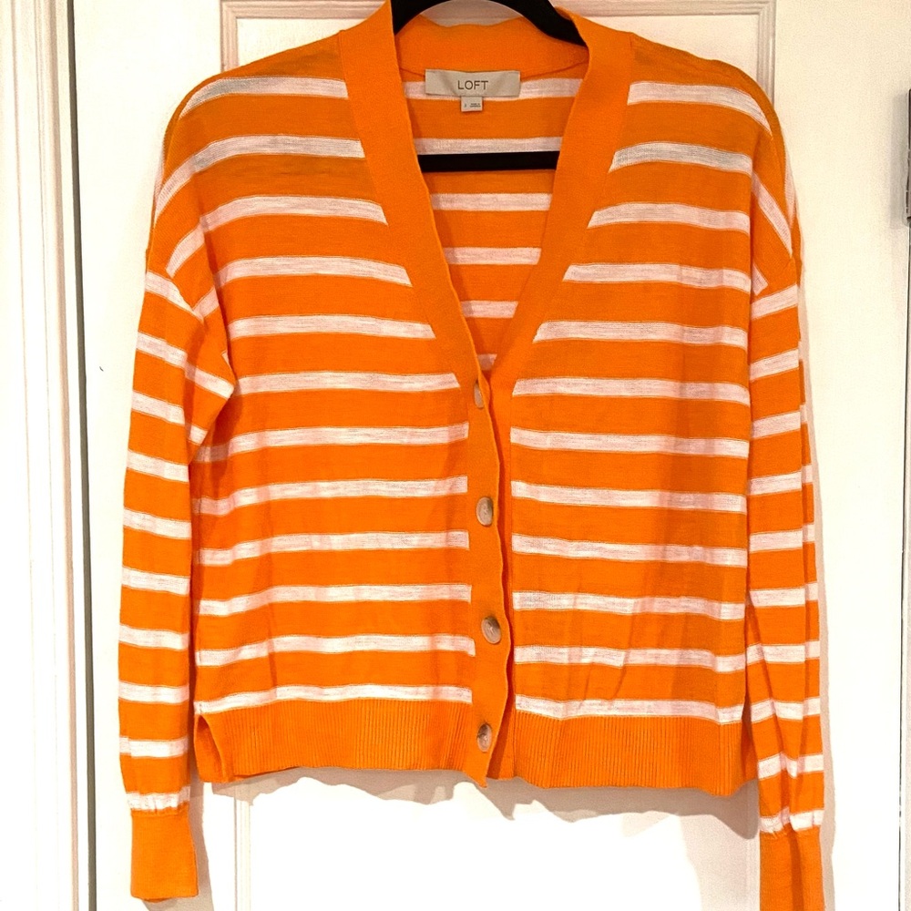 LOFT V-Neck Cardigan | Orange & White Striped | Size S